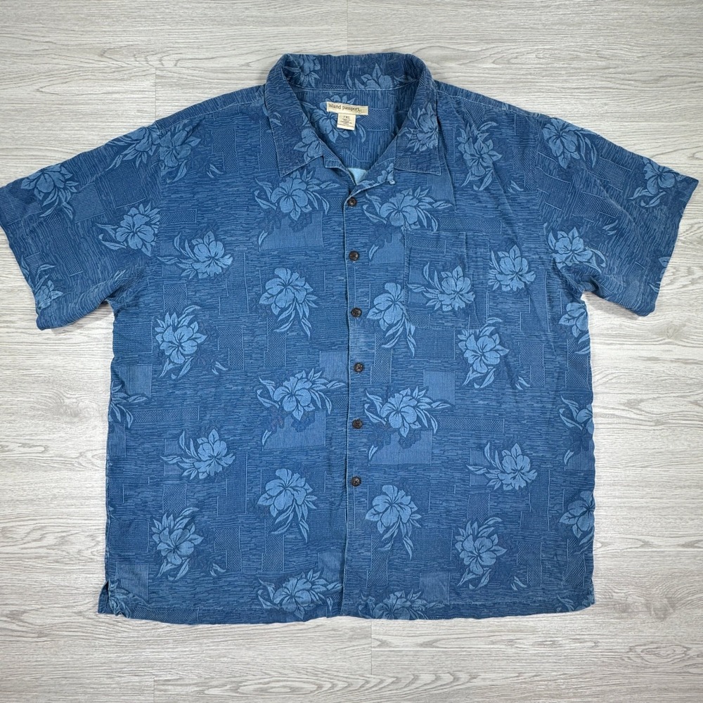Island‎ Passport Men's Button Down Shirt Floral Blue 2XL 100% Silk Short Sleeve